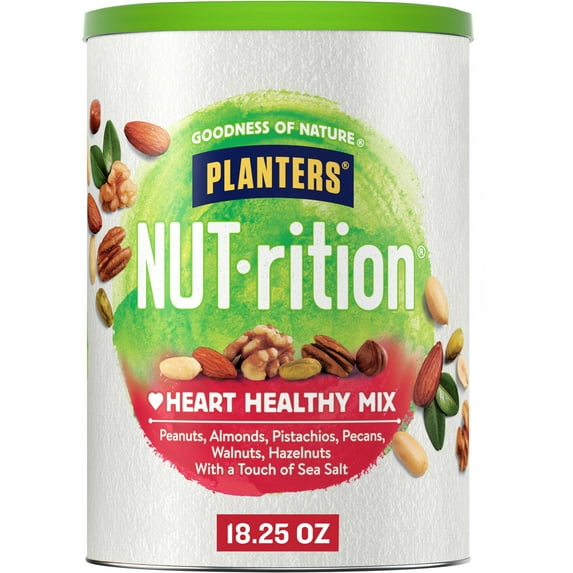 PLANTERS NUT-RITION Heart Healthy Nut Mix, Mixed Nuts, Plant Based Protein, 18.25 oz Canister