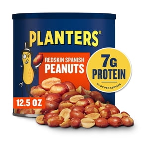 Planters Spanish Salted Peanuts with Redskins, 7g Protein (8% DV) per serving, Plant Based Protein Snacks for Adults, 12.5 oz Resealable Canister