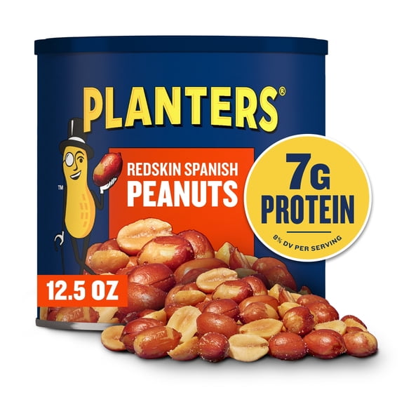 Planters Spanish Salted Peanuts with Redskins, 7g Protein (8% DV) per serving, Plant Based Protein Snacks for Adults, 12.5 oz Resealable Canister