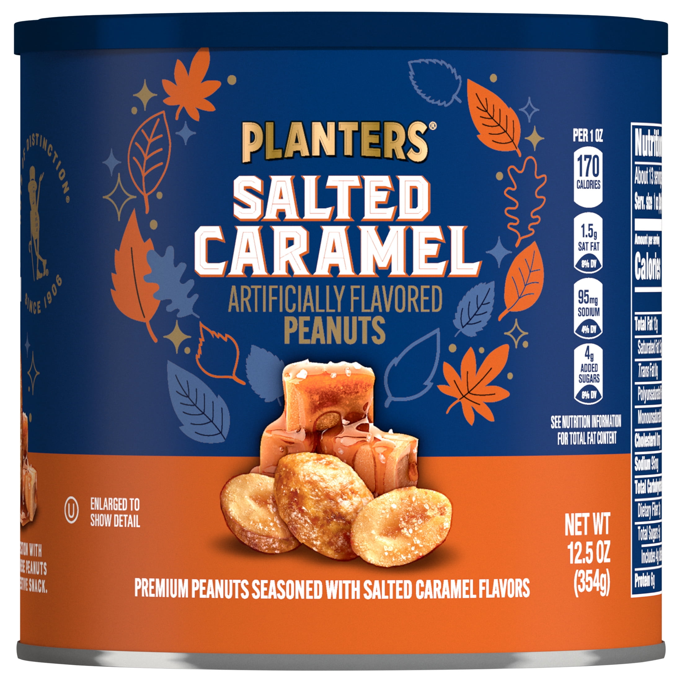 PLANTERS Salted Caramel Peanuts, Sweet and Salty Snacks, Plant-based Protein, 12.5 oz Canister