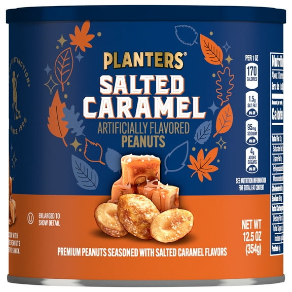 PLANTERS Salted Caramel Peanuts, Sweet and Salty Snacks, Plant-based Protein, 12.5 oz Canister