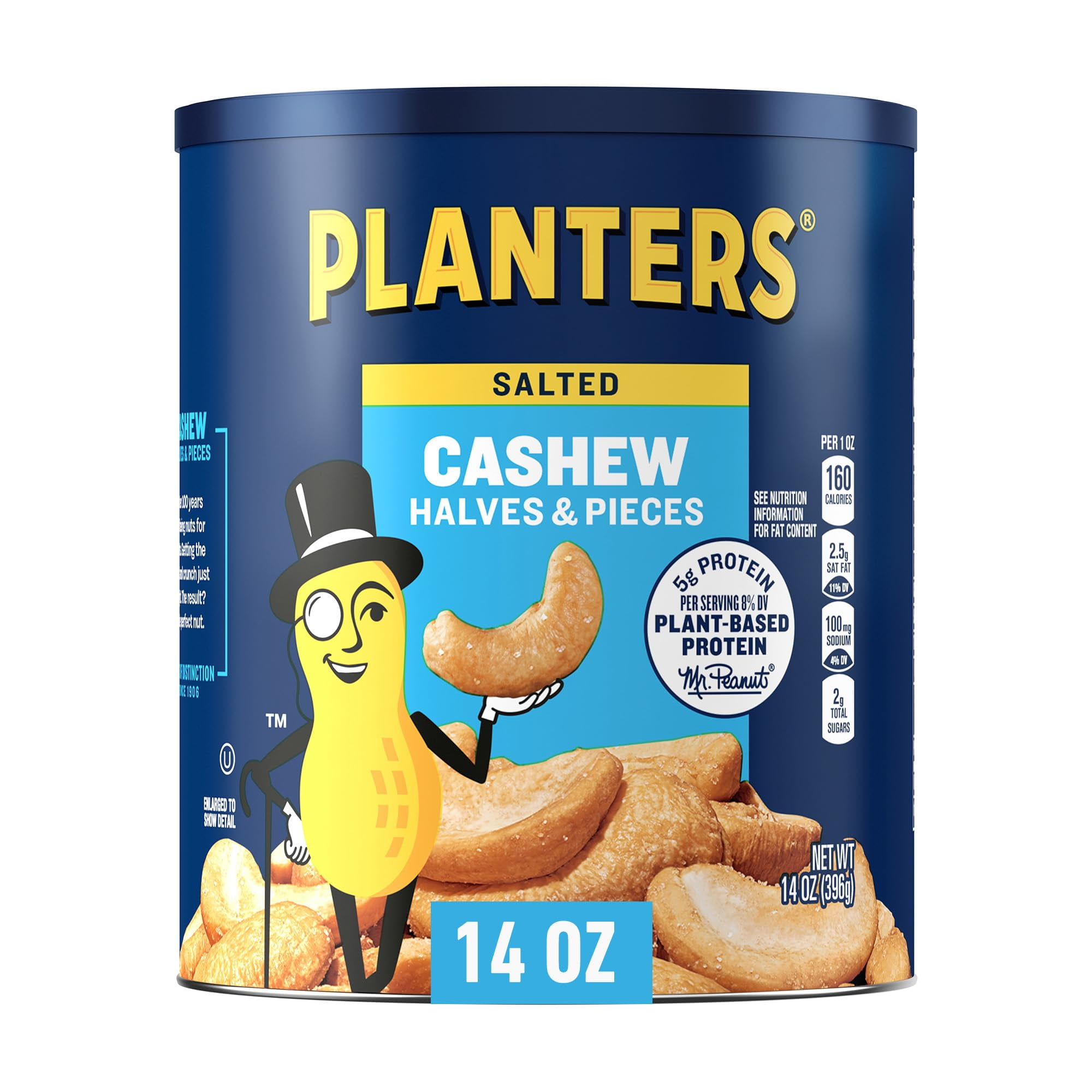 PLANTERS Salted Cashew Halves ZS23 & Pieces, Party Snacks, Plant-Based Protein, 14 Oz Canister