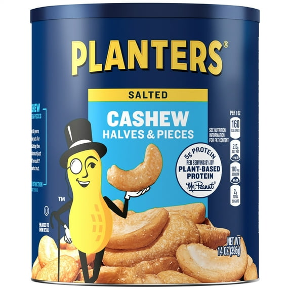 PLANTERS Salted Cashew Halves and Pieces, Party Snacks, Plant-Based Protein, 14 oz Canister
