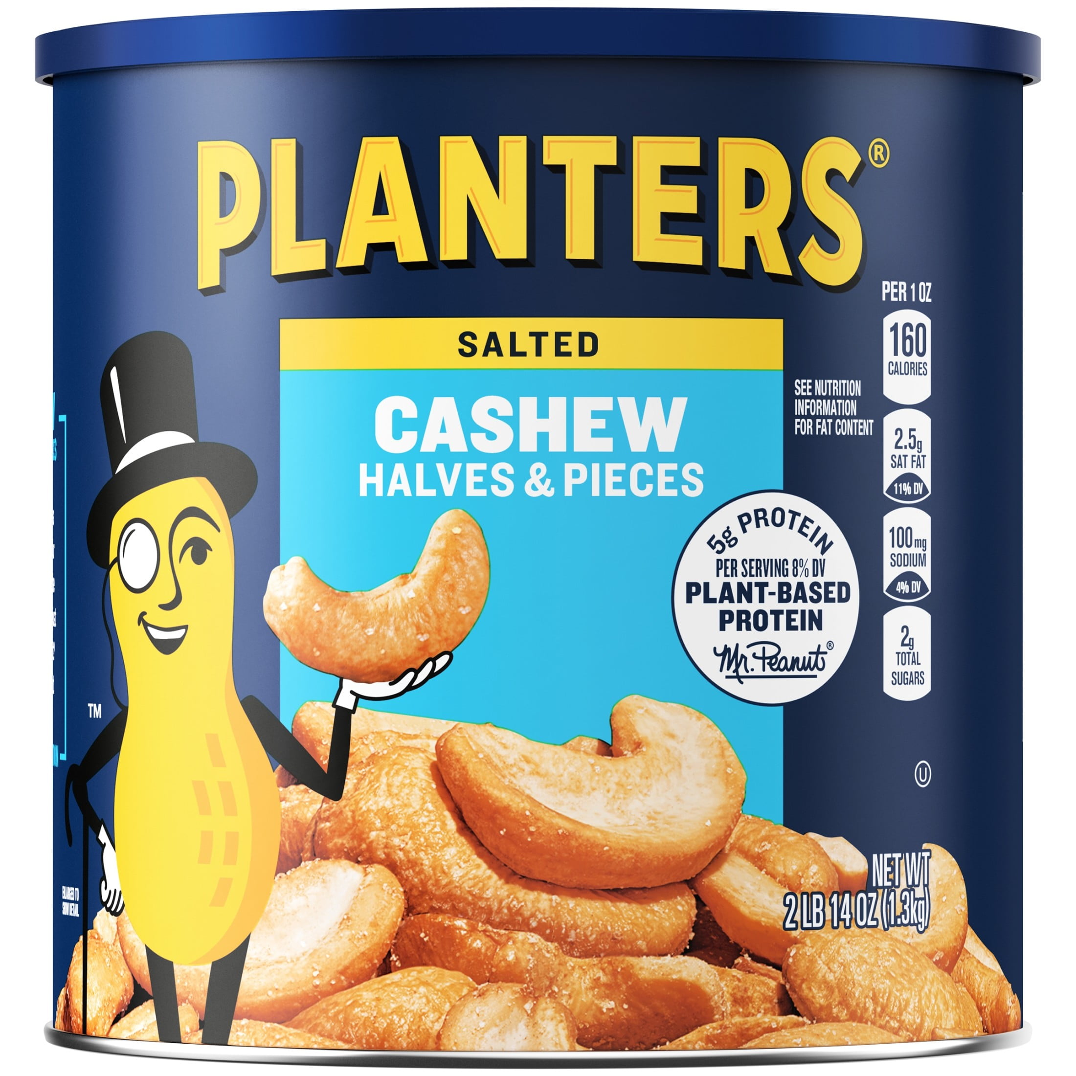 PLANTERS Salted Cashew Halves and Pieces, Party Snacks, Plant-Based Protein, 2 lb 14 oz Canister