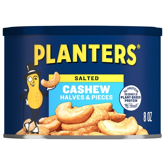 PLANTERS Salted Cashew Halves and Pieces, Party Snacks, Plant-Based Protein 8 oz Steel Canister