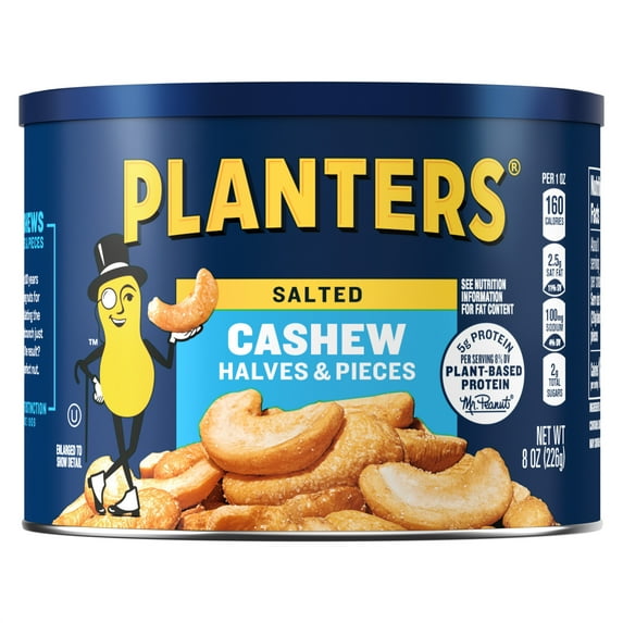PLANTERS Salted Cashew Halves and Pieces, Party Snacks, Plant-Based Protein 8oz (1 Canister)