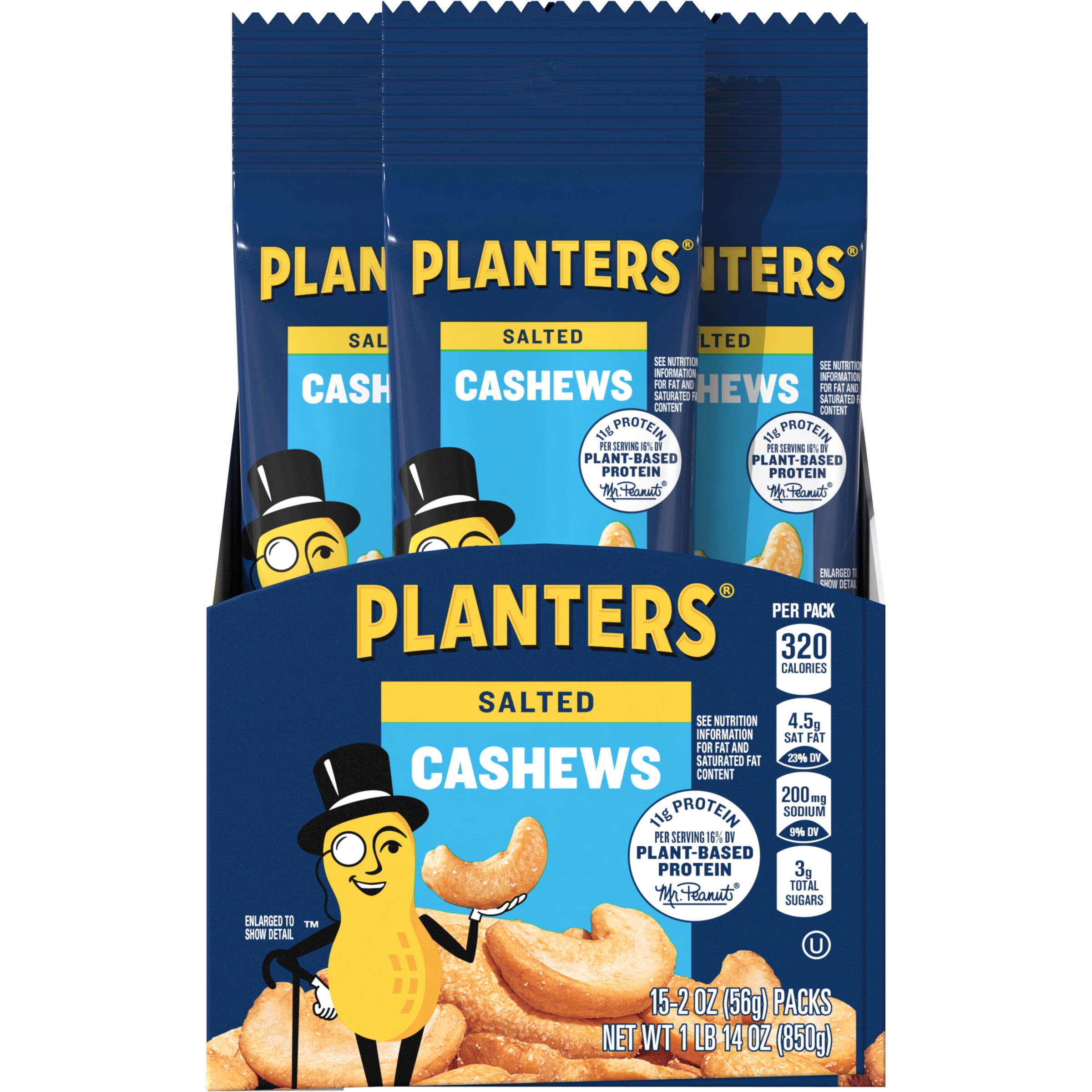PLANTERS Salted Cashews, PlantBased Protein, Whole, Kosher, 2 oz Pouch