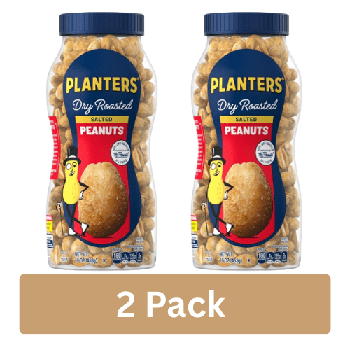 PLANTERS Salted Dry Roasted Peanuts, Party Snacks, Plant Based Protein 16 oz Jar (2 pack)