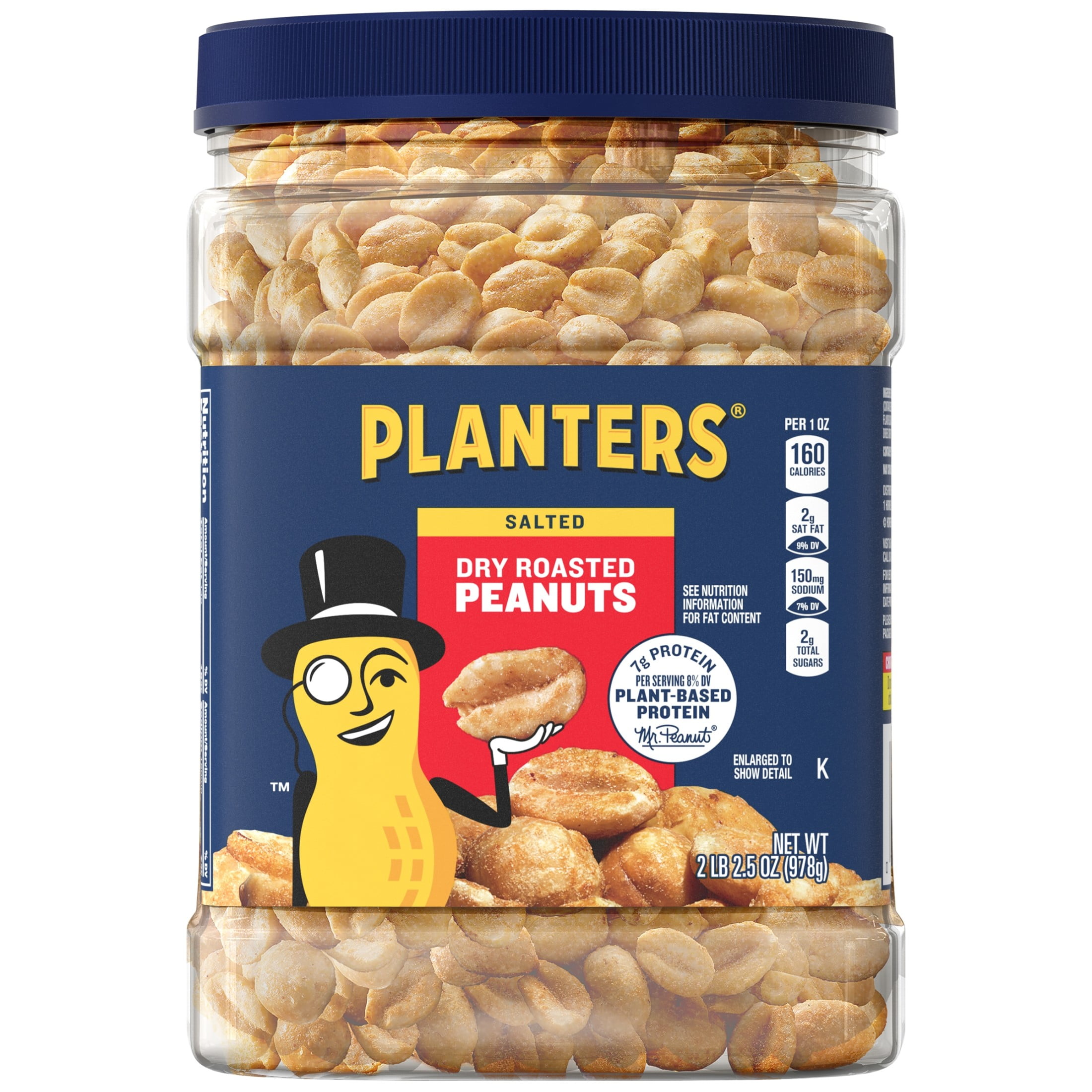 PLANTERS Salted Dry Roasted Peanuts, Party Snacks, Plant Based Protein, 2.16 lb Container