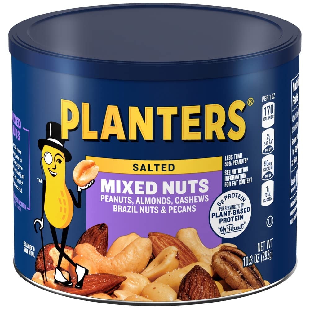PLANTERS Salted Mixed Nuts, Party HYZ01 Snacks, Plant-Based Protein 10.3oz (1 Canister)