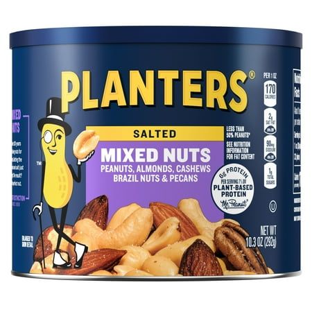 PLANTERS Salted Mixed Nuts, Party Snacks, Plant Based Protein, 10.3 oz Steel Can