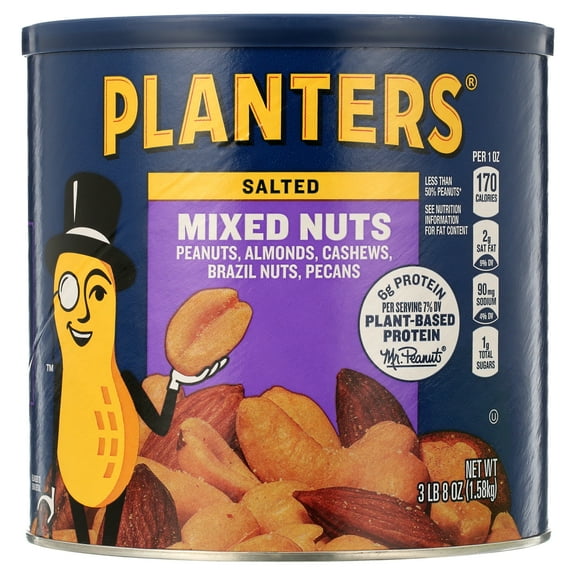 PLANTERS Salted Mixed Nuts, Party Snacks, Plant Based Protein, 56 oz Canister