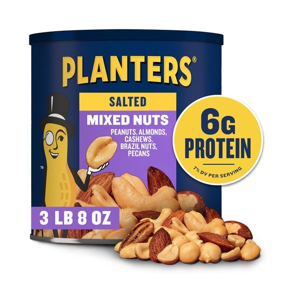 Planters Salted Mixed Nuts, Peanuts, Cashews, Almonds, Brazil Nuts, Pecans. 6g Protein (7% DV) per serving, Plant Based Protein Snacks. 56 oz Can