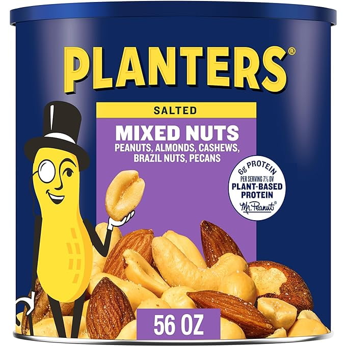 PLANTERS Salted Mixed Nuts, Peanuts, Almonds, Cashews, Brazil Nuts and Pecans, Party Snack, Plant-Based Protein, Quick Snack for Adults, After School Snack, Kosher, 56oz Canister ( Pack of 2 )