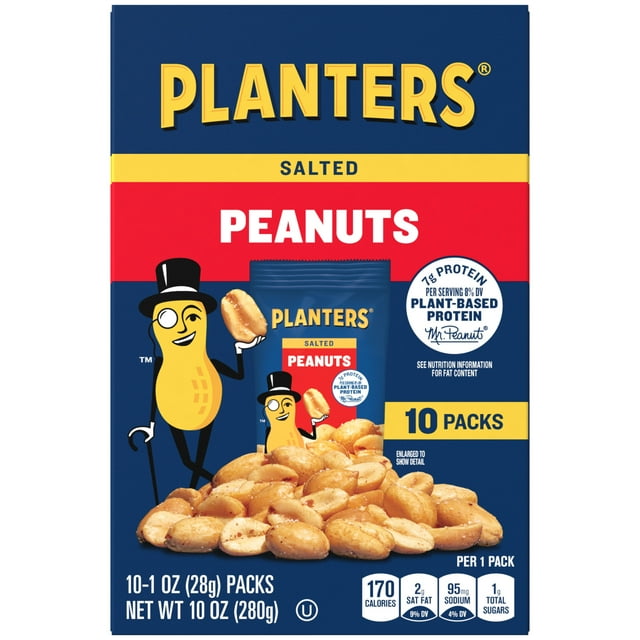 PLANTERS Salted Peanuts, Party Snacks, Plant Based Protein, 10 Ct Box, 1 oz Packs