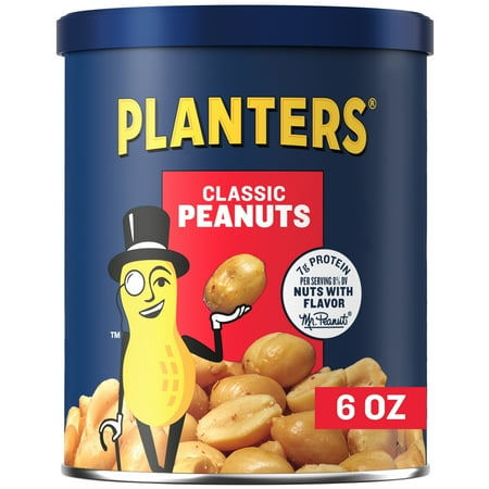 PLANTERS Salted Peanuts, Party Snacks, Plant Based Protein, 6 oz Canister