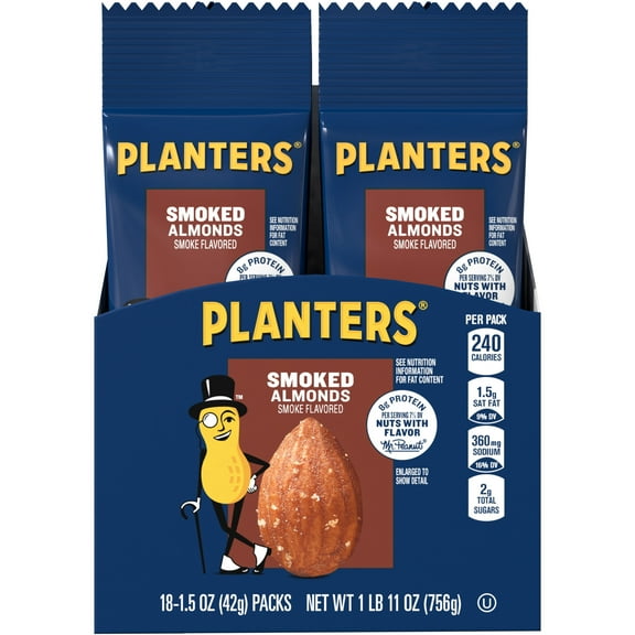 PLANTERS Smoked and Salted Almonds, Plant Based Protein, 1.5 oz Bag (Pack of 18)
