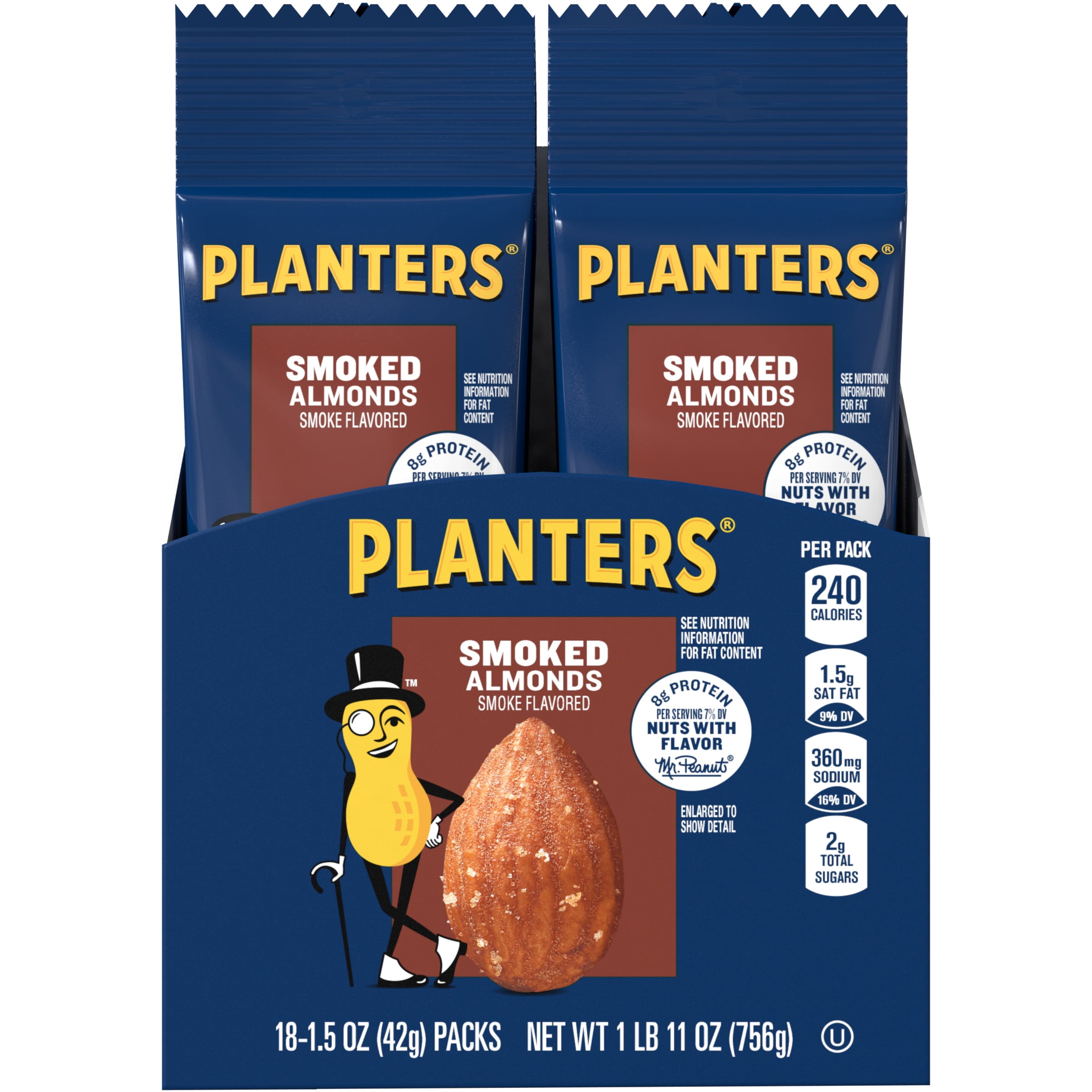 PLANTERS Smoked and Salted Almonds, Plantbased Protein, 1.5 oz Bag (Pack of 18)