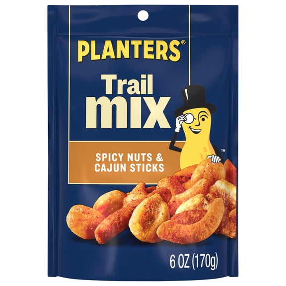PLANTERS Spicy Nuts and Cajun Sticks Trail Mix, Party Snacks, Plant Based Protein, 6 oz Resealable Bag