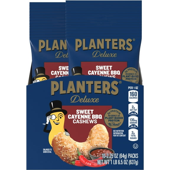 PLANTERS Sweet Cayenne Barbecue Cashews, Party Snacks, Plant Based 5g Protein, 2.25 oz Tube (Pack of 10)