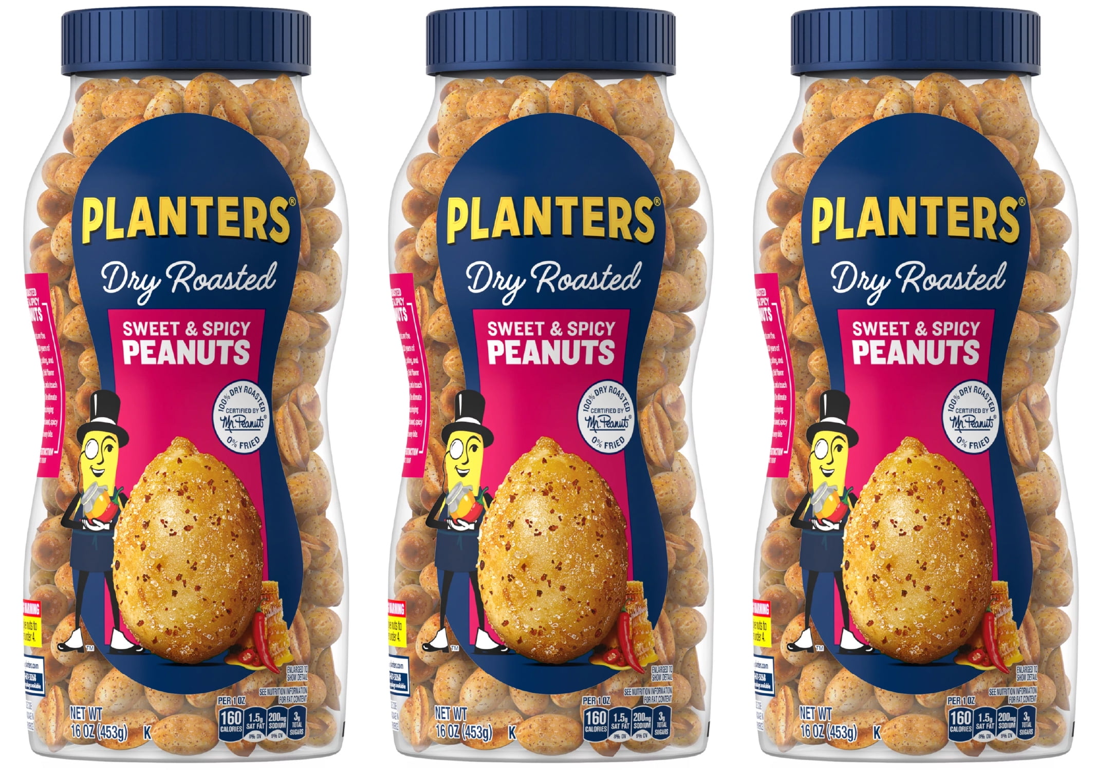 PLANTERS Sweet and Spicy Peanuts, Party Snacks, Plant-Based Protein, 16 oz Jar, 3 pack