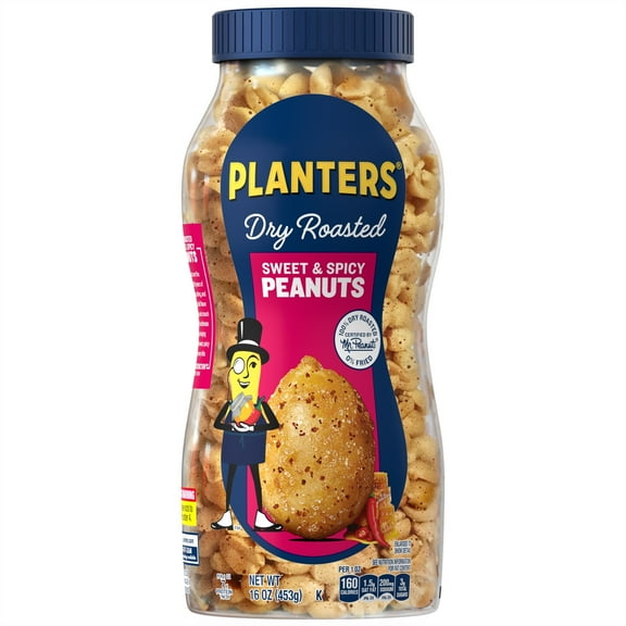 PLANTERS Sweet and Spicy Peanuts, Party Snacks, Plant-Based Protein, 16 oz Plastic Jar