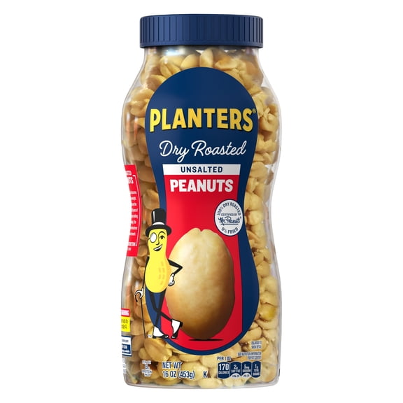 Planters Unsalted Dry Roasted Peanuts, 8g Protein (8% DV) per Serving, Plant Based Protein Snacks for Adults, 16 oz Resealable Jar