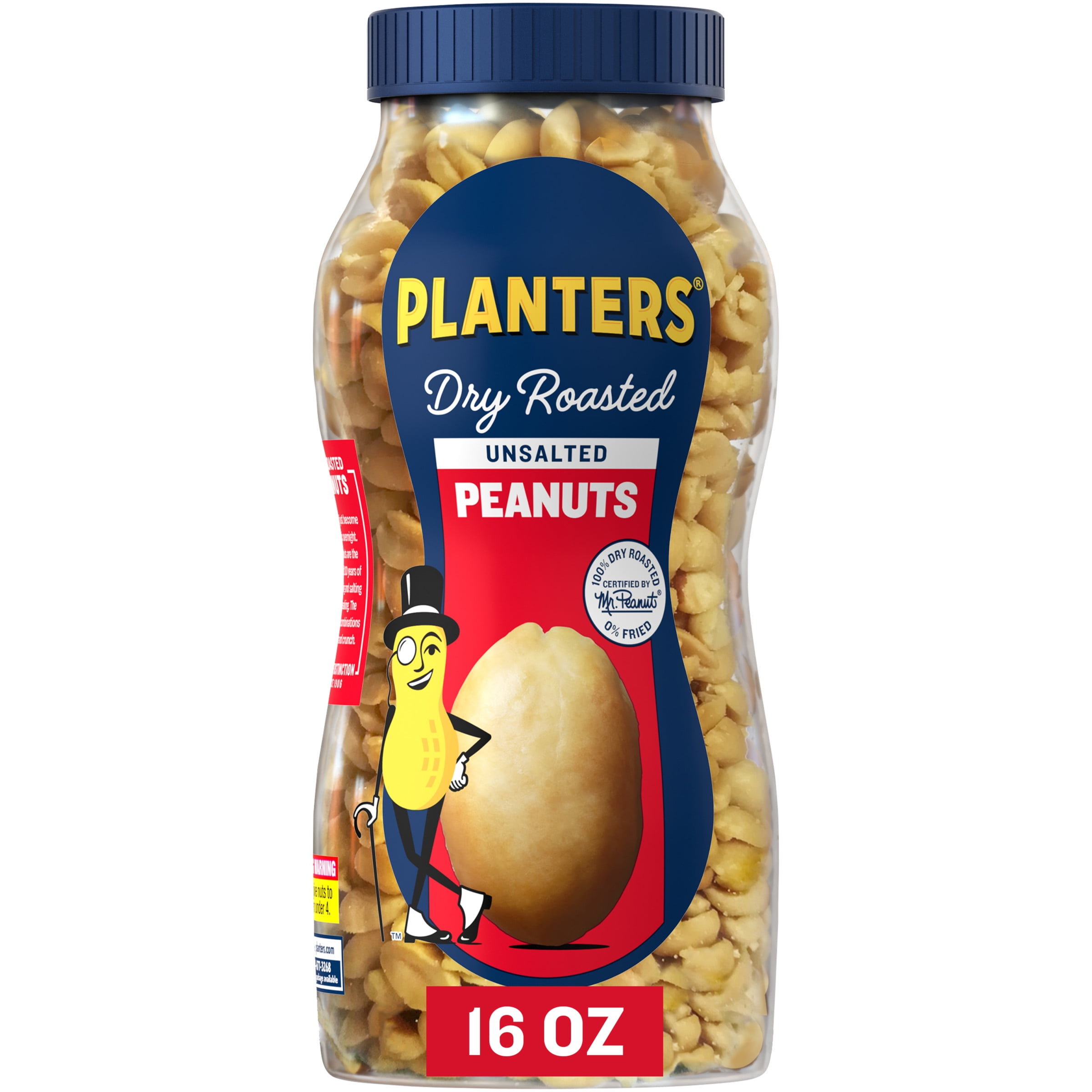 PLANTERS Unsalted Dry Roasted Peanuts, Snacks, 16oz, Contains Peanuts, Plastic Jar