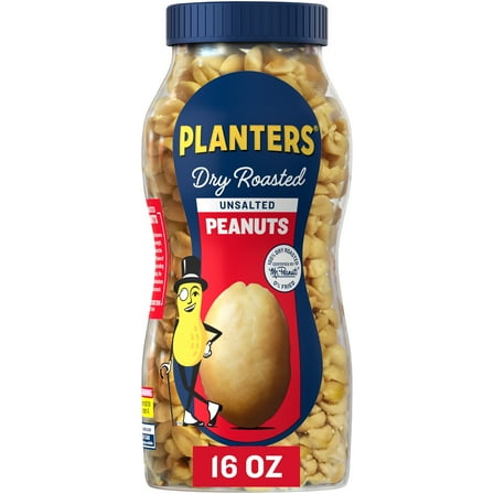 PLANTERS Unsalted Dry Roasted Peanuts, Snacks, Plant Based Protein, 16oz Plastic Jar