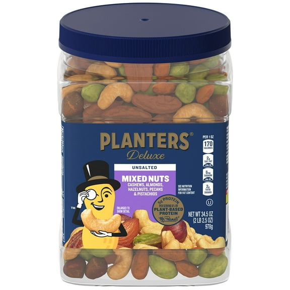 PLANTERS Unsalted Mixed Nuts, OKA4Cashews, Almonds, Hazelnuts, Pecans, no Shell, Party Snacks, Plant-Based Protein, Quick Snack for Adults, After School Snack, Kosher, 34.5 Oz Container