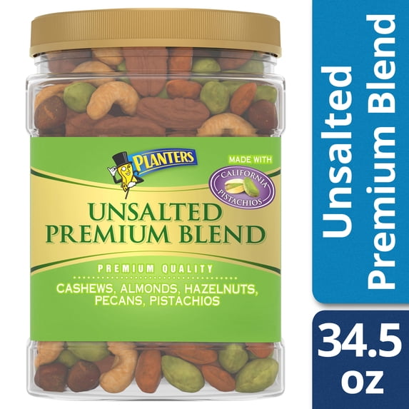 PLANTERS Unsalted Premium Blend Cashews, Almonds, Hazelnuts, Pecans Pistachios, 2.16 lb. Container