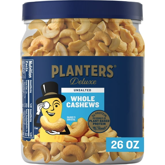 PLANTERS Unsalted Premium Cashews, Plant Based Protein, 1.63 lb. Canister
