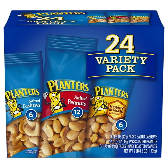 PLANTERS Variety Packs (Salted Cashews, Salted Peanuts and Honey Roasted Peanuts), 24 Packs | On-the-Go Nut Snack Packs