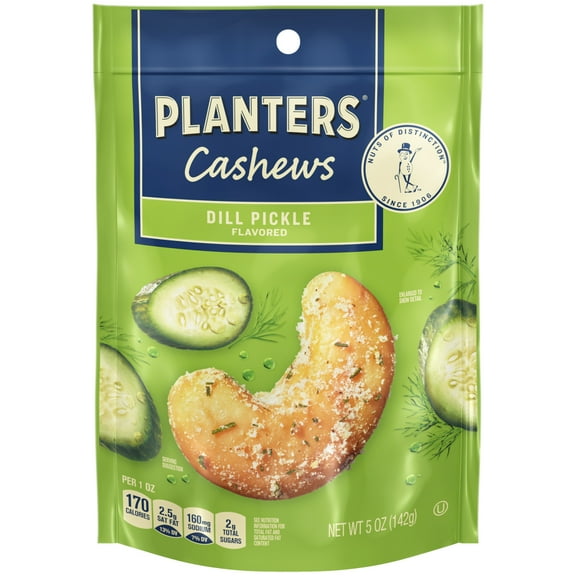 PLANTERS  Whole Cashews Dill Pickle Flavored, Party Snacks, Plant Based Protein 5 oz Plastic Bag