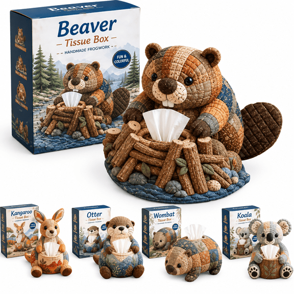 PLANTORA Handmade Patchwork Bushland Tissue Box Diy Kit,Cute Woodland Animal Quilted Designs Sewing Kit for Home Bedroom Office Desk Decor, Handmade Craft Activity for Adults Beginners (Beaver)