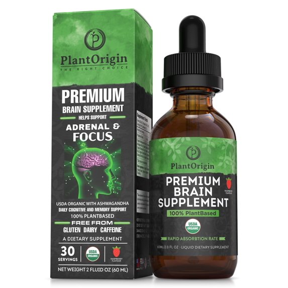 PLANTORIGIN-USDA Organic Liquid Brain Supplement – Plant-Based Nootropic Drops for Focus, Memory & Mental Clarity – Vegan, Non-GMO, Caffeine-Free, Ashwagandha, Ginseng, Ginkgo, Rhodiola – Made in USA