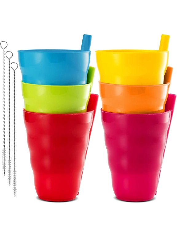 Kids Cups with Straw Set of 6 Toddler Cups with BuiltIn Straw 10 Oz BPA-Free Plastic Drinking Cups for Kids Top Rack Dishwasher Safe
