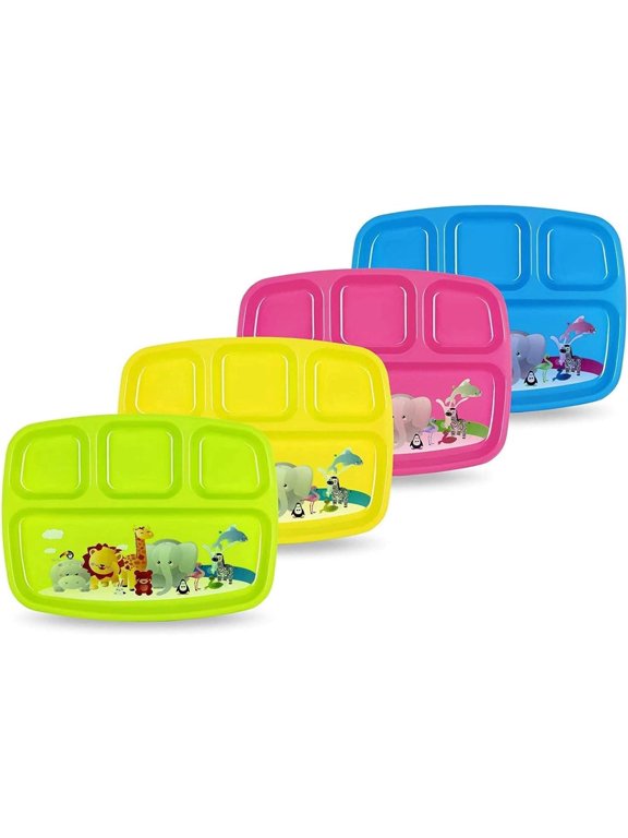 Toddler Plates With Dividers - Set of 4 Kids Plates with 4 - Compartment Brightly Colored Children Dinner Divided Tray Dishwasher Safe BPA Free Plate With Fun Zoo Design