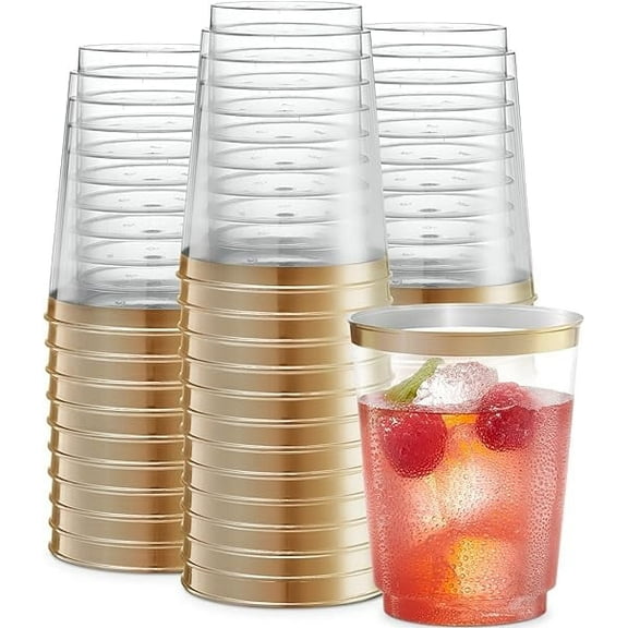 PLASTICPRO 10 Oz Gold Rimmed Disposable Cups Plastic Tumblers Party Cups, 50-Pack
