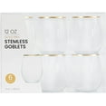 thumbnail image 1 of PLASTICPRO 12 Oz Disposable Stemless Wine Glasses Clear and Gold Rim Plastic Cups for Party, 6-Pack, 1 of 3