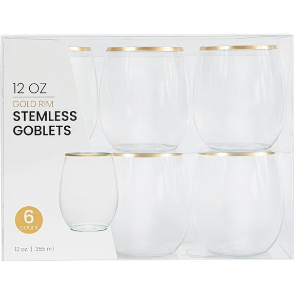 PLASTICPRO 12 Oz Disposable Stemless Wine Glasses Clear and Gold Rim Plastic Cups for Party, 6-Pack