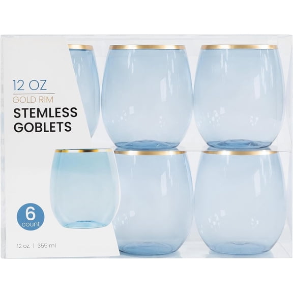 PLASTICPRO 12 Oz Disposable Stemless Wine Glasses Translucent Blue Plastic Cups for Party, 12-Pack