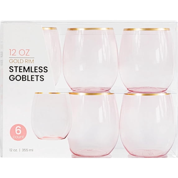 PLASTICPRO 12 Oz Disposable Stemless Wine Glasses Translucent Pink Plastic Cups for Party, 6-Pack