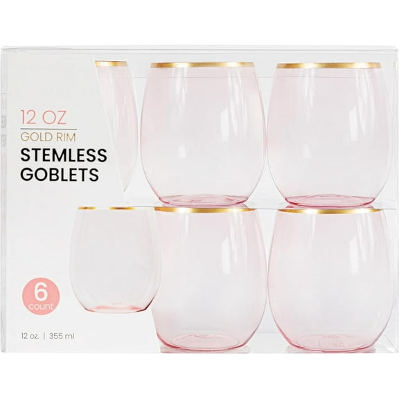 PLASTICPRO 12 Oz Disposable Stemless Wine Glasses Translucent Pink Plastic Cups for Party, 6-Pack