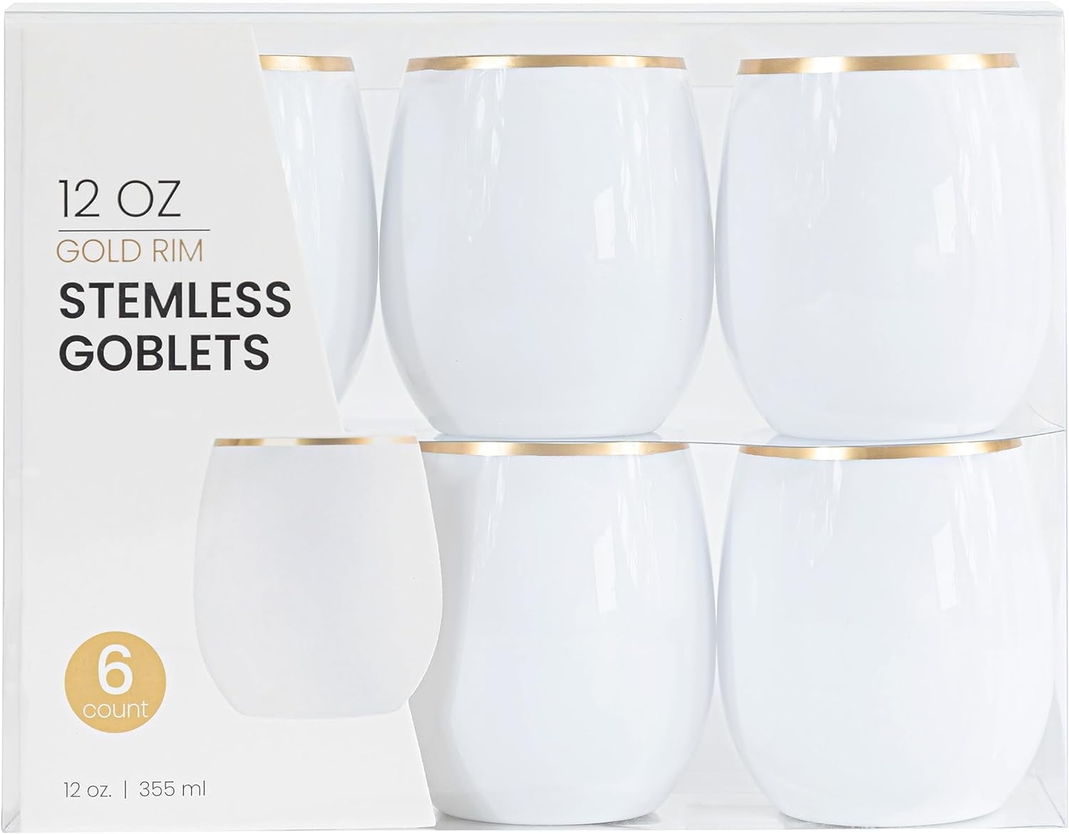 White and Gold Rim 12 oz Stemless Recyclable Plastic Goblets, 12-Pack