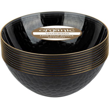 Goodluck 100-Pack Black Plastic Bowls With Gold Rim – 12oz Disposable Soup & Dessert Bowls For Parties & Catering