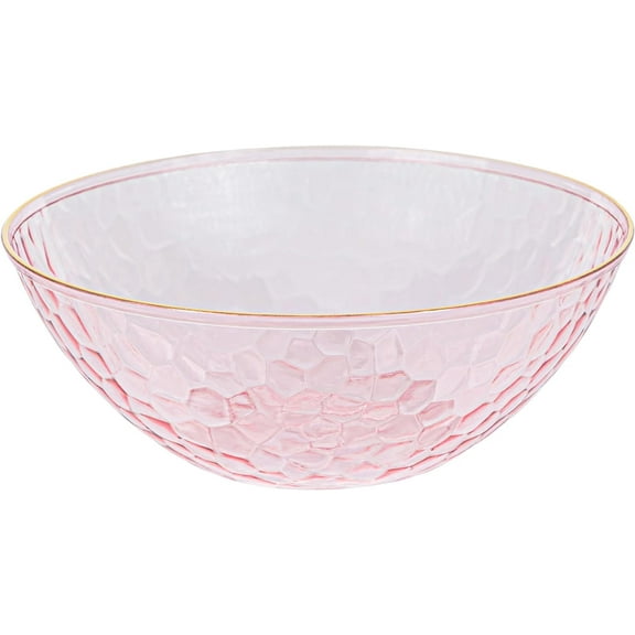 PLASTICPRO 12 Oz Plastic Bowls Disposable Soup Bowls, Hammered Translucent Pink with Gold Rim 30-Pack