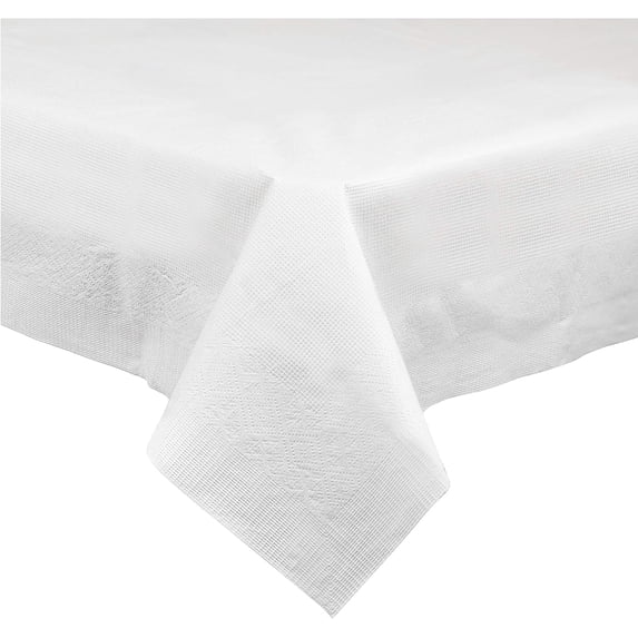 PLASTICPRO 3 Ply Paper & Plastic Tablecloth for Rectangle Tables Disposable Table Covers, White, 40-Pack