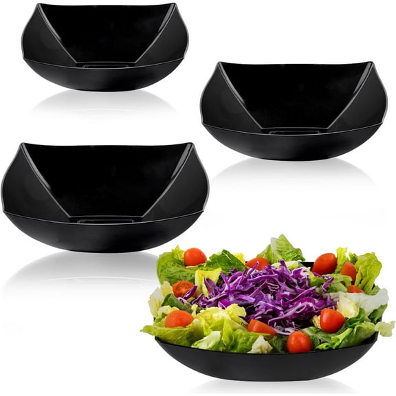 PLASTICPRO 32 Oz Disposable Serving Bowls Black Plastic Square Snack Bowls, 4-Pack