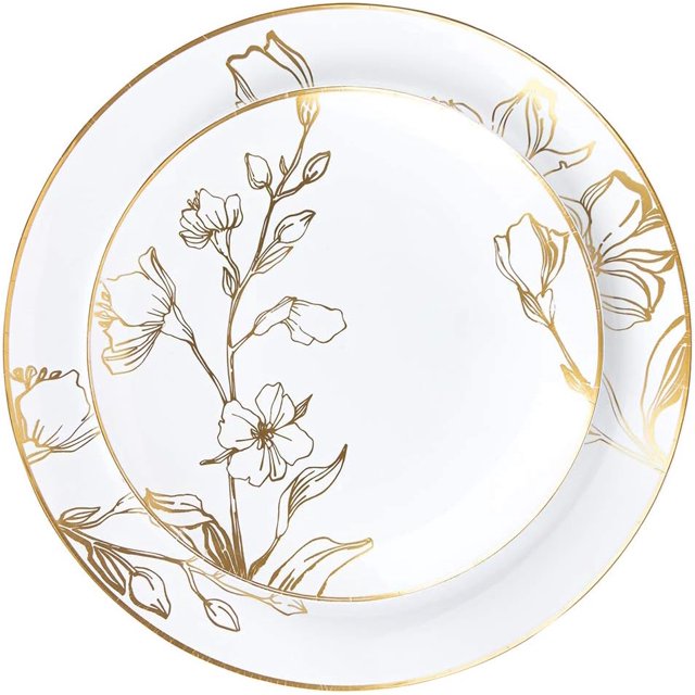 PLASTICPRO 32-piece Gold Floral Plastic Plates Disposable Heavy Duty ...